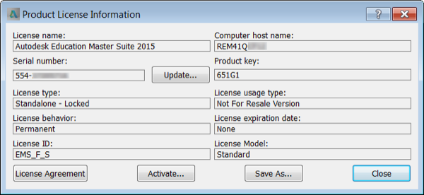 此图显示 Autodesk Education Master Suite 2015 的许可信息